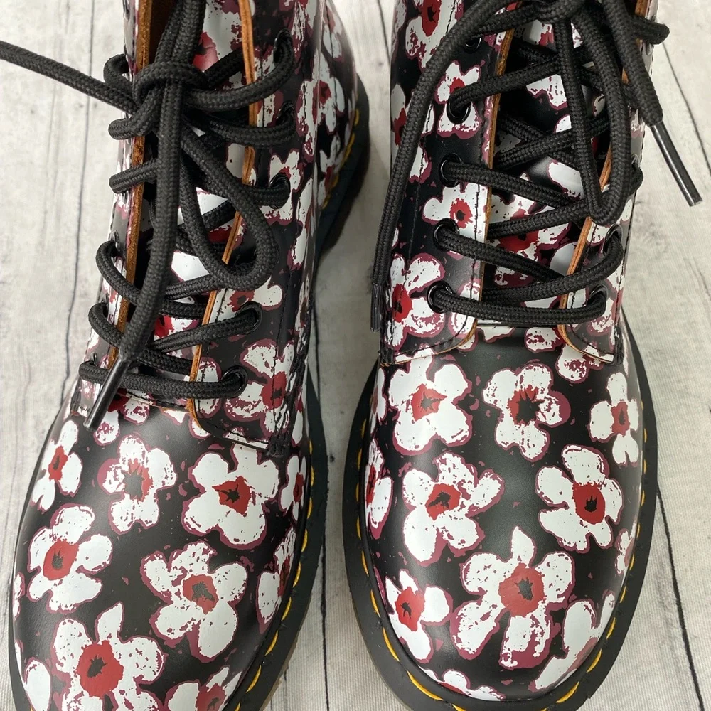 Dr. Martens Black Floral Patent Lace-Up Ankle Boots